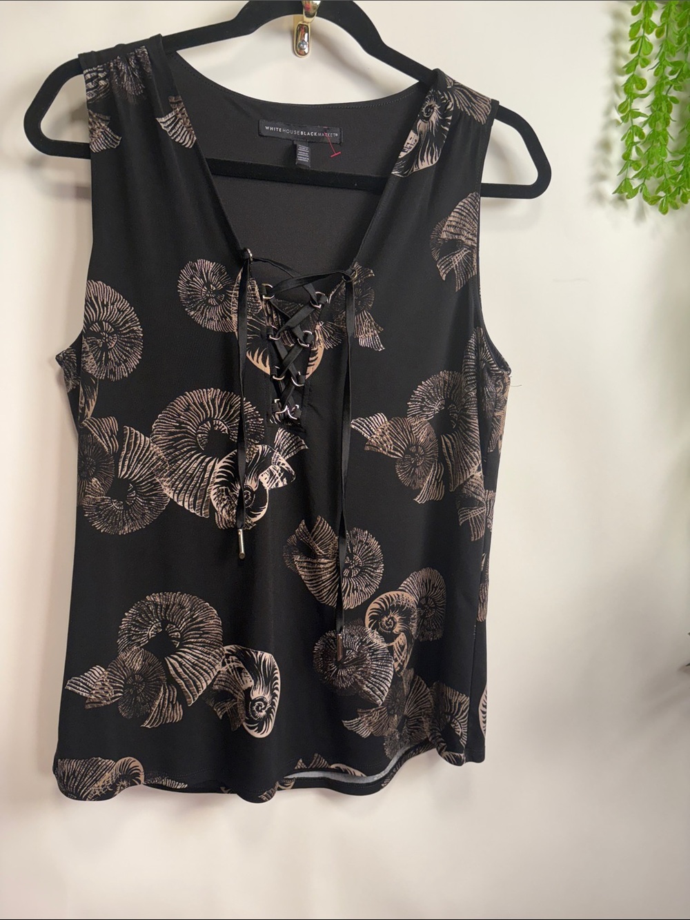 White House Black Market Black Lace-Up Shell with Shell Print
